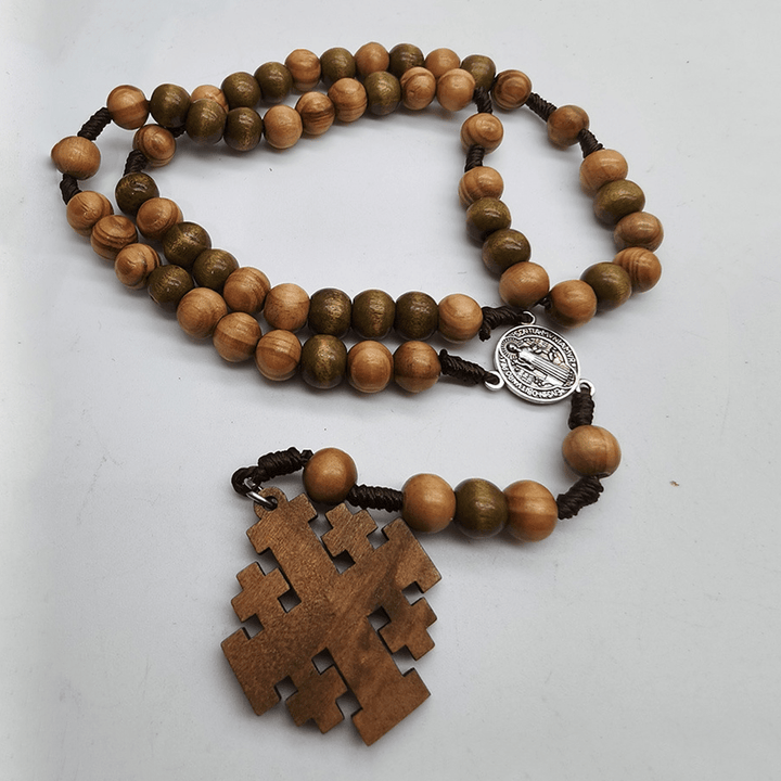 Christian Art St. Benedict Medal & Jerusalem of 10 mm Round Brown Wood Nylon Cord Rosary