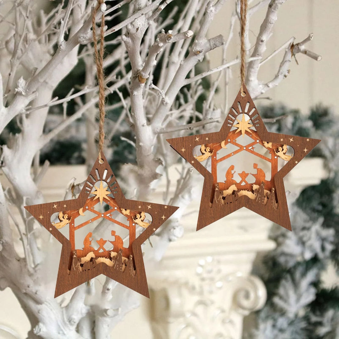 Christianartworkshop Rustic Style Layered Wooden Pendant Five-pointed Star Christmas Nativity Ornaments