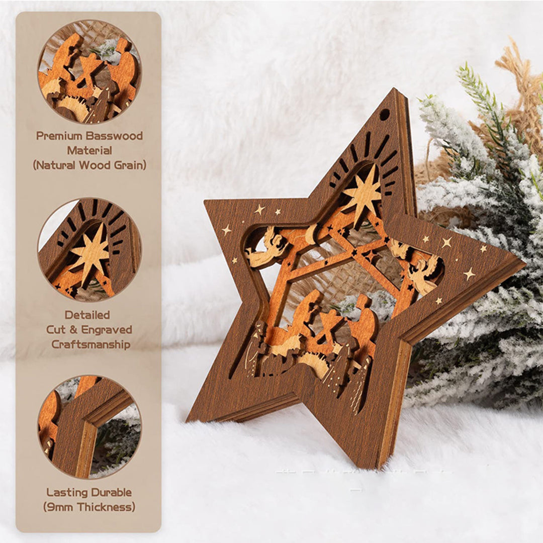 Christianartworkshop Rustic Style Layered Wooden Pendant Five-pointed Star Christmas Nativity Ornaments