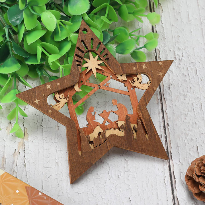 Christianartworkshop Rustic Style Layered Wooden Pendant Five-pointed Star Christmas Nativity Ornaments