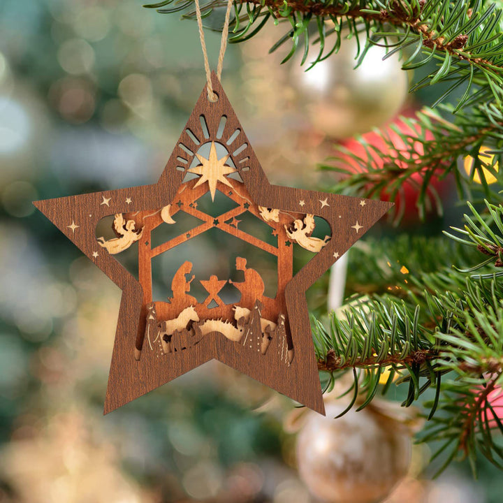 Christianartworkshop Rustic Style Layered Wooden Pendant Five-pointed Star Christmas Nativity Ornaments