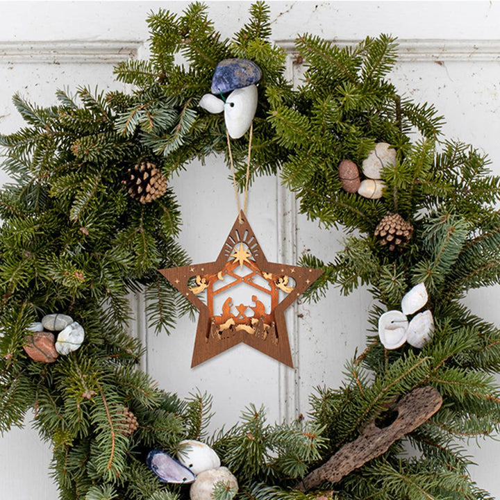 Christianartworkshop Rustic Style Layered Wooden Pendant Five-pointed Star Christmas Nativity Ornaments