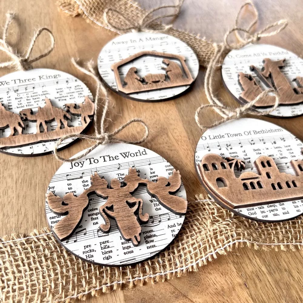 Christianartworkshop 5 Rustic Style Wooden Music Sheet Christmas Nativity Ornaments