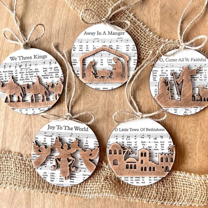 Christianartworkshop 5 Rustic Style Wooden Music Sheet Christmas Nativity Ornaments