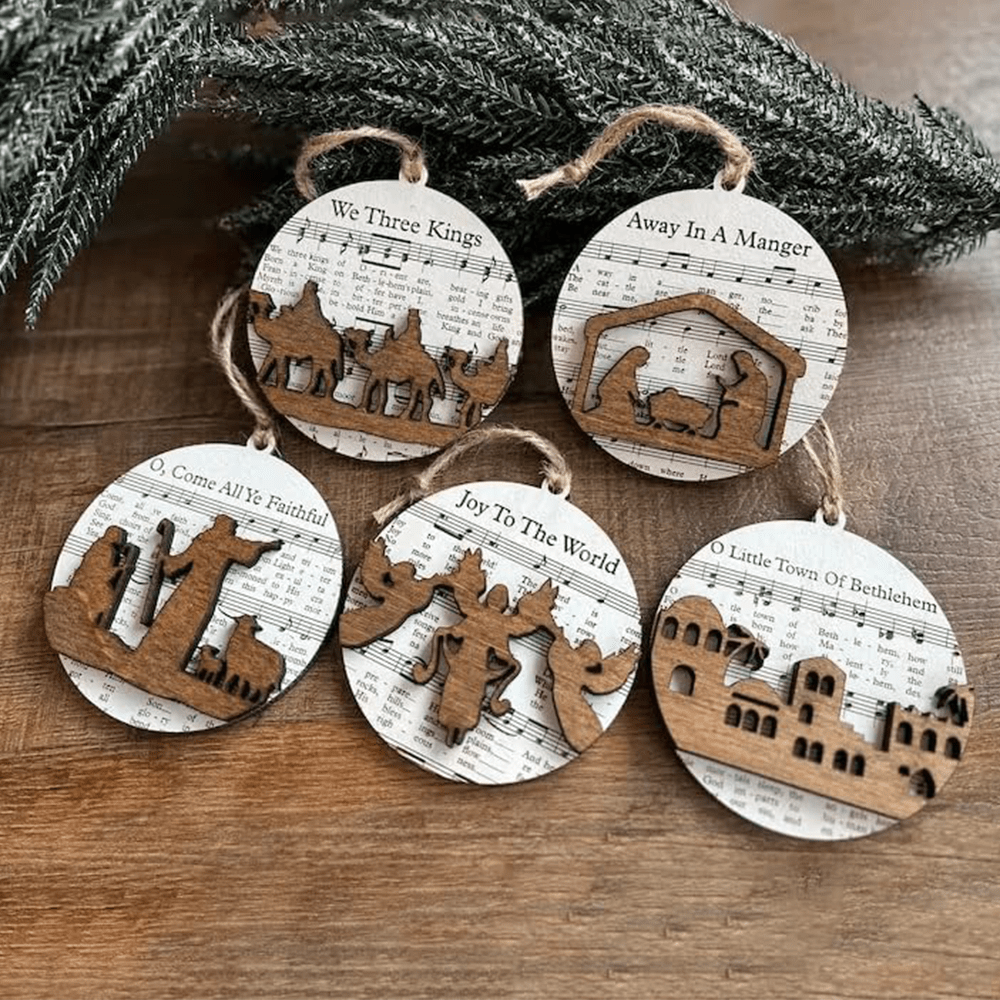 Christianartworkshop 5 Rustic Style Wooden Music Sheet Christmas Nativity Ornaments