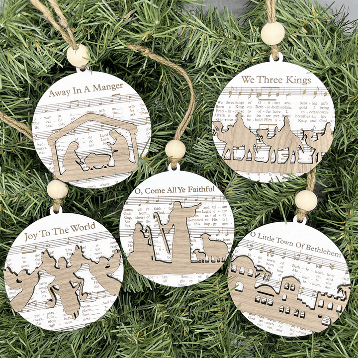 Christianartworkshop 5 Rustic Style Wooden Music Sheet Christmas Nativity Ornaments