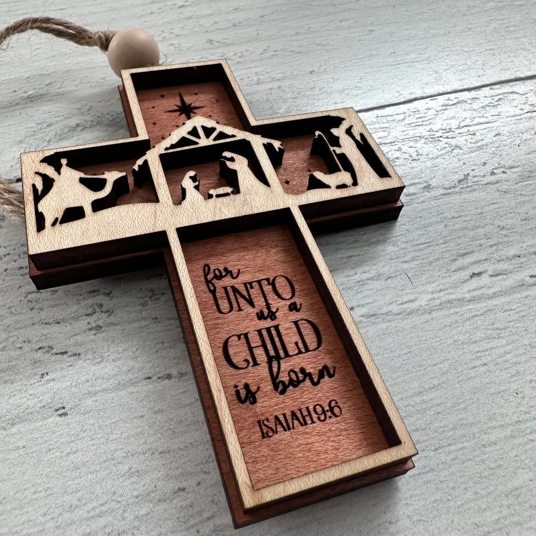 Christian Art Rustic Style Cross Ornaments with Isaiah 9:6 Quote Christmas Nativity Ornaments