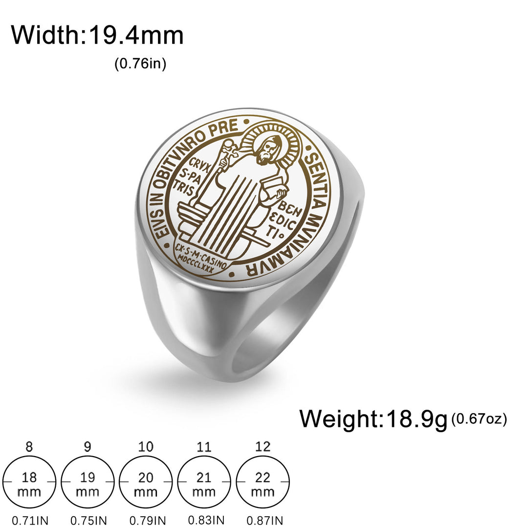 Christianartworkshop Retro-pop Style Engraved St. Benedict's Exorcism Medal Stainless Ring