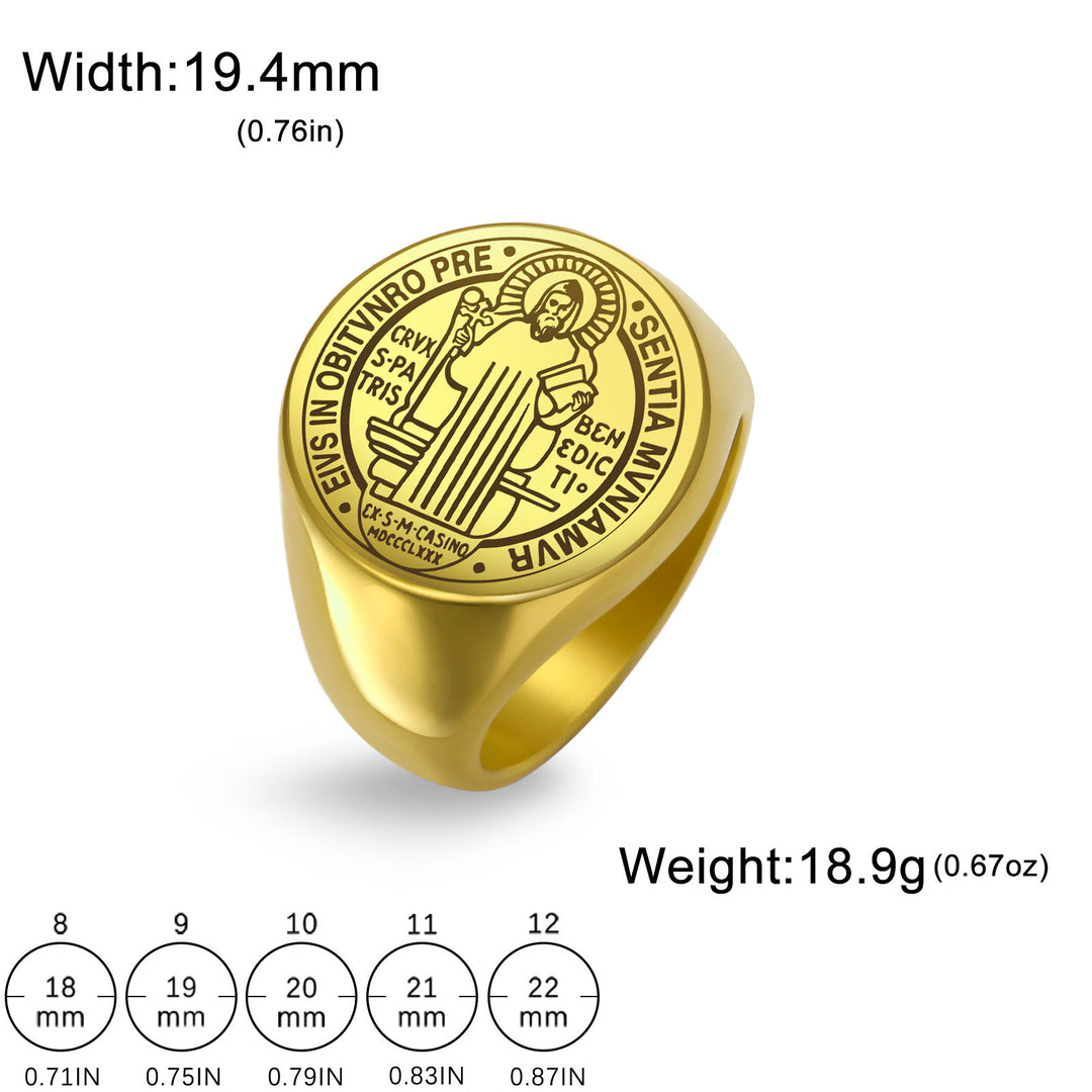 Christianartworkshop Retro-pop Style Engraved St. Benedict's Exorcism Medal Stainless Ring