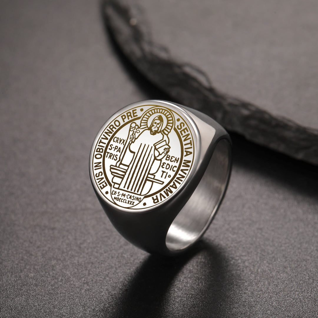 Christianartworkshop Retro-pop Style Engraved St. Benedict's Exorcism Medal Stainless Ring - image 2