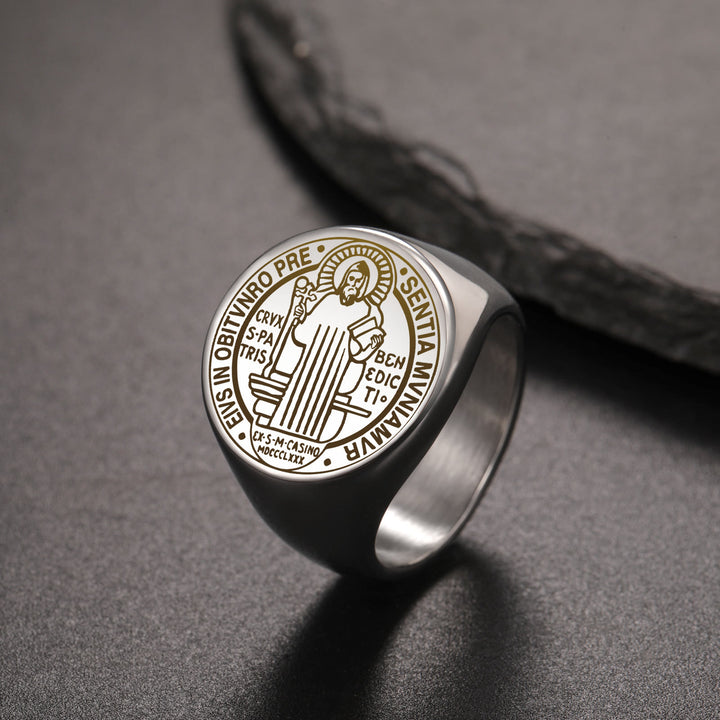 Christianartworkshop Retro-pop Style Engraved St. Benedict's Exorcism Medal Stainless Ring