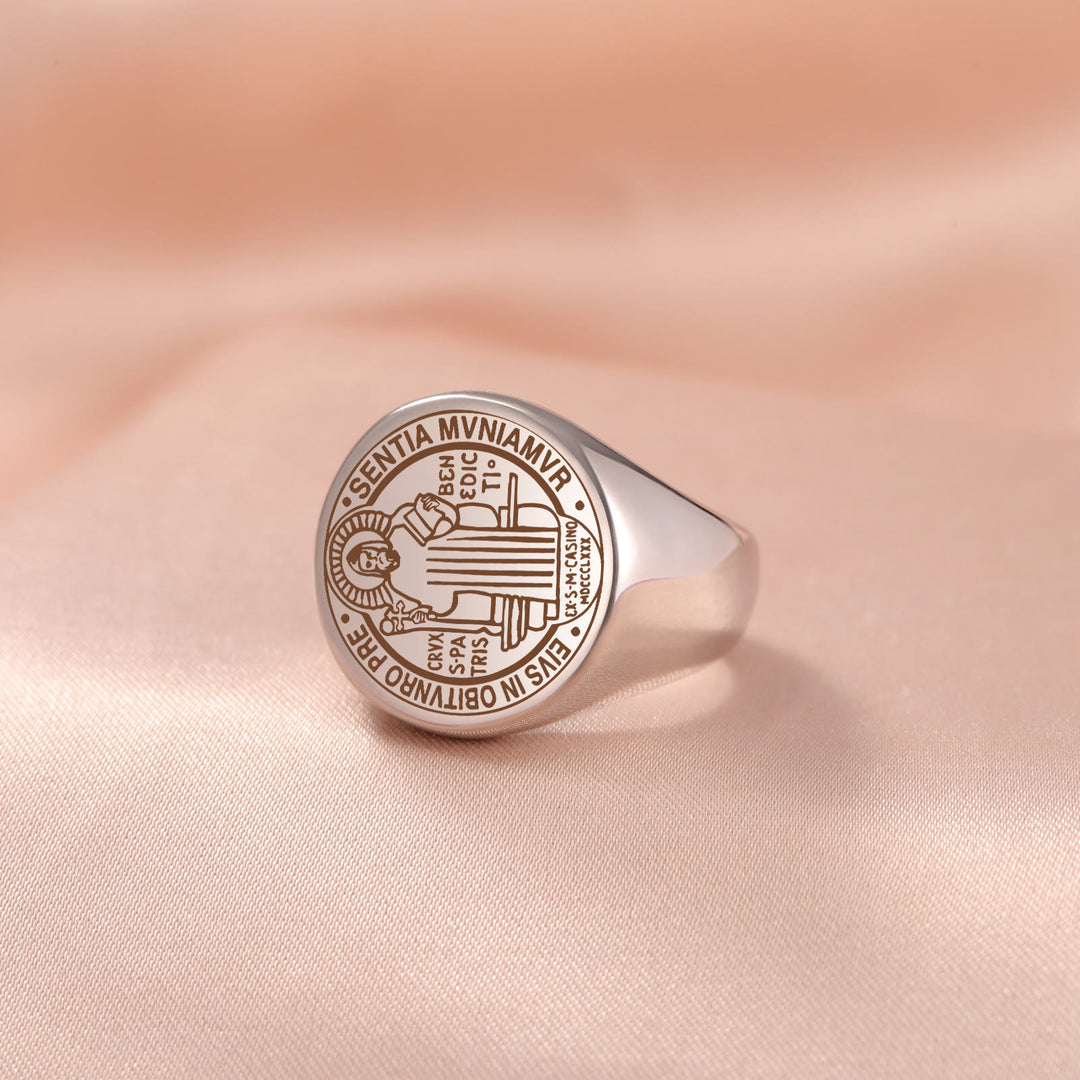 Christianartworkshop Retro-pop Style Engraved St. Benedict's Exorcism Medal Stainless Ring