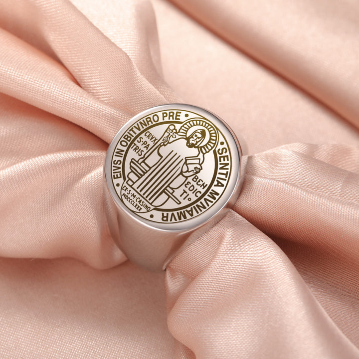 Christianartworkshop Retro-pop Style Engraved St. Benedict's Exorcism Medal Stainless Ring