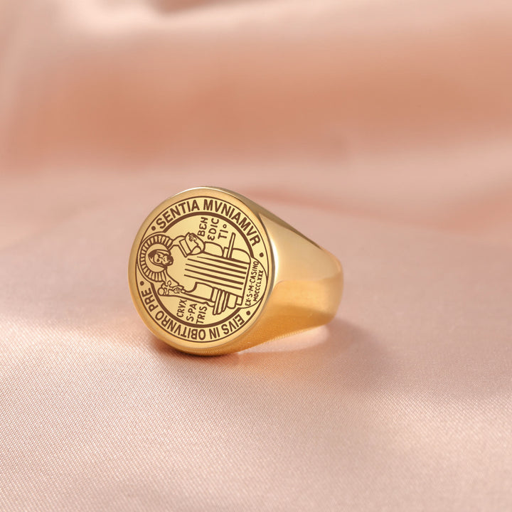 Christianartworkshop Retro-pop Style Engraved St. Benedict's Exorcism Medal Stainless Ring - Golden - US 12 - image 4