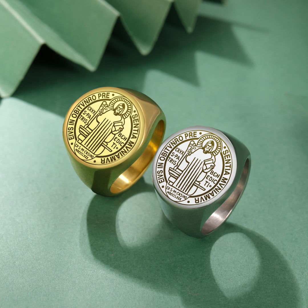 Christianartworkshop Retro-pop Style Engraved St. Benedict's Exorcism Medal Stainless Ring - Silver - US 8 - image 0