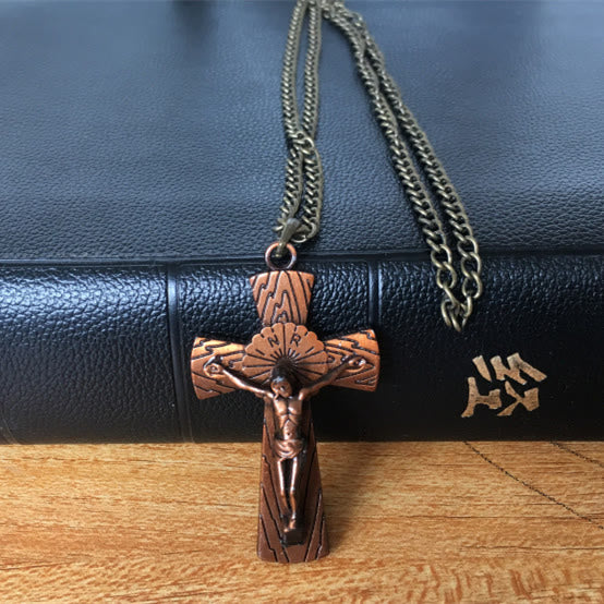 Christian Art Retro Style Tree Pattern Jesus Cross Titanium Steel Pendant Necklace