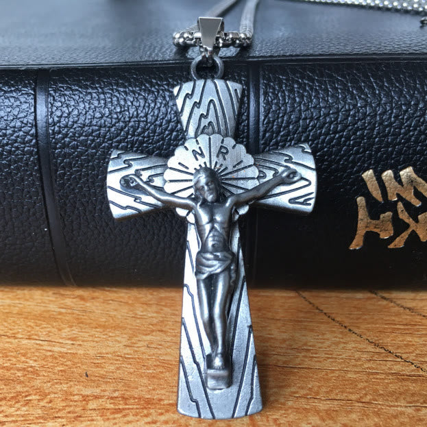 Christian Art Retro Style Tree Pattern Jesus Cross Titanium Steel Pendant Necklace