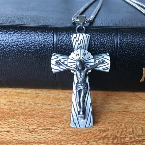 Christian Art Retro Style Tree Pattern Jesus Cross Titanium Steel Pendant Necklace