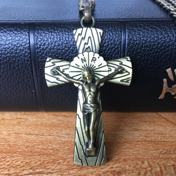 Christian Art Retro Style Tree Pattern Jesus Cross Titanium Steel Pendant Necklace