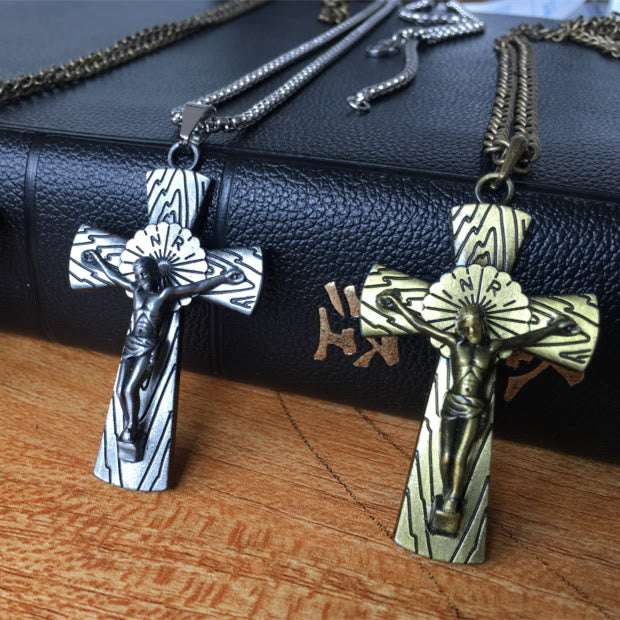 Christian Art Retro Style Tree Pattern Jesus Cross Titanium Steel Pendant Necklace