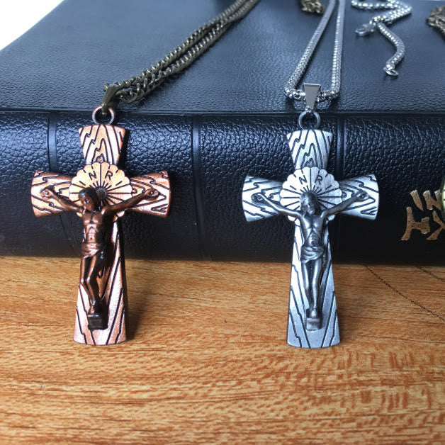 Christian Art Retro Style Tree Pattern Jesus Cross Titanium Steel Pendant Necklace