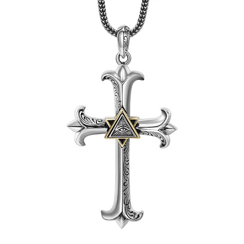 Christianartworkshop Fashion Sober Style Cross of God's Eye Square Pearl Chain Pendant Necklace