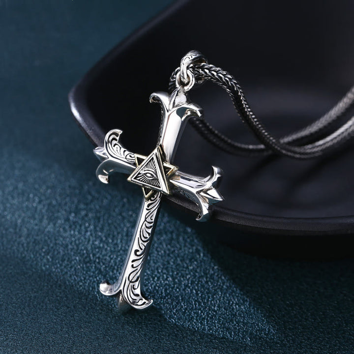 Christian Art Fashion Sober Style Cross of God's Eye Square Pearl Chain Pendant Necklace