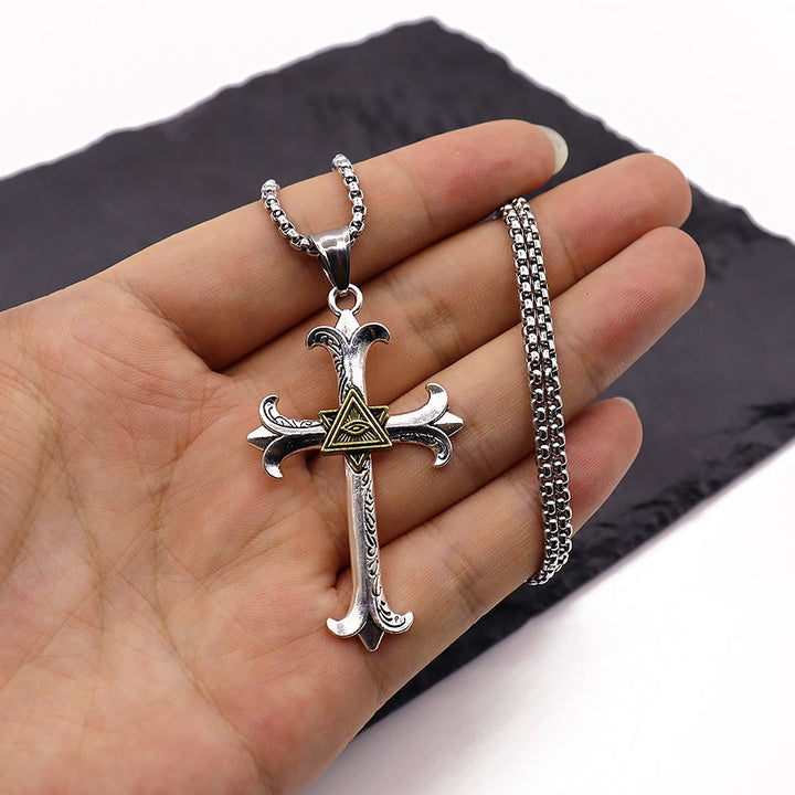 Christian Art Fashion Sober Style Cross of God's Eye Square Pearl Chain Pendant Necklace