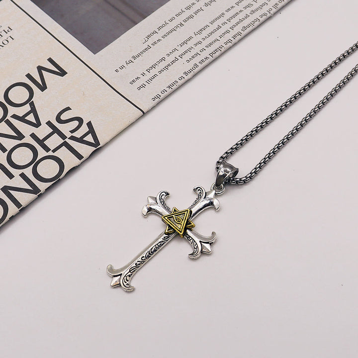 Christianartworkshop Fashion Sober Style Cross of God's Eye Square Pearl Chain Pendant Necklace