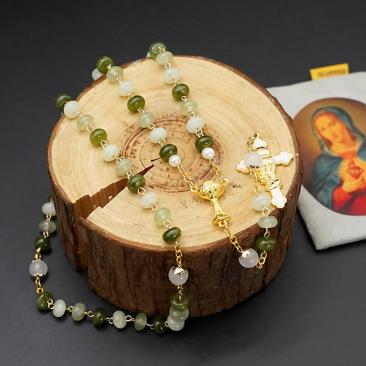 Christianartworkshop Holy Grail & Crucifix with Eucharistic of 5*8 mm Round Green Chalcedony Alloy Chain Rosary