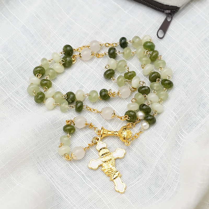 Christianartworkshop Holy Grail & Crucifix with Eucharistic of 5*8 mm Round Green Chalcedony Alloy Chain Rosary