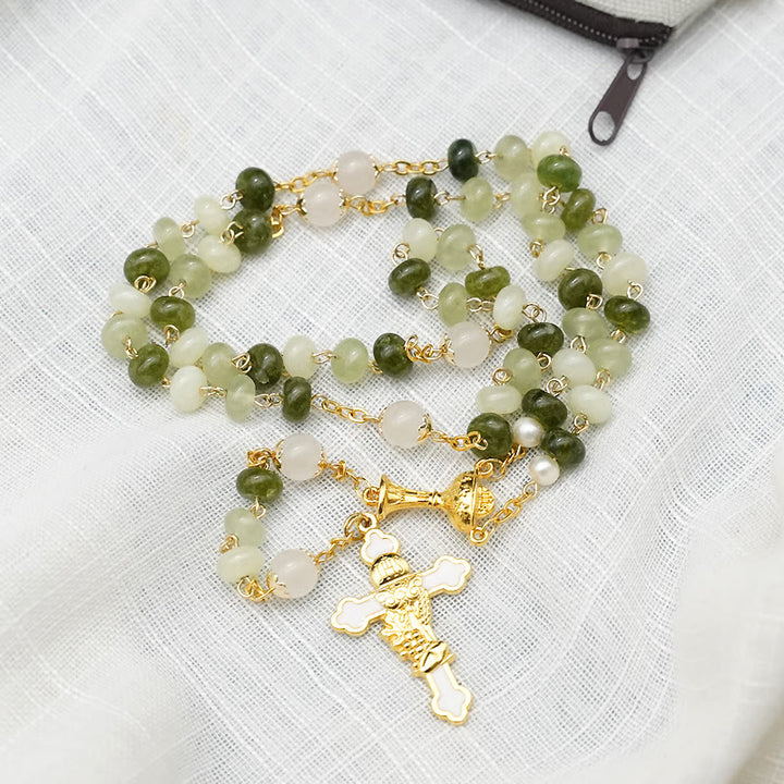 Christian Art Holy Grail & Crucifix with Eucharistic of 5*8 mm Round Green Chalcedony Alloy Chain Rosary