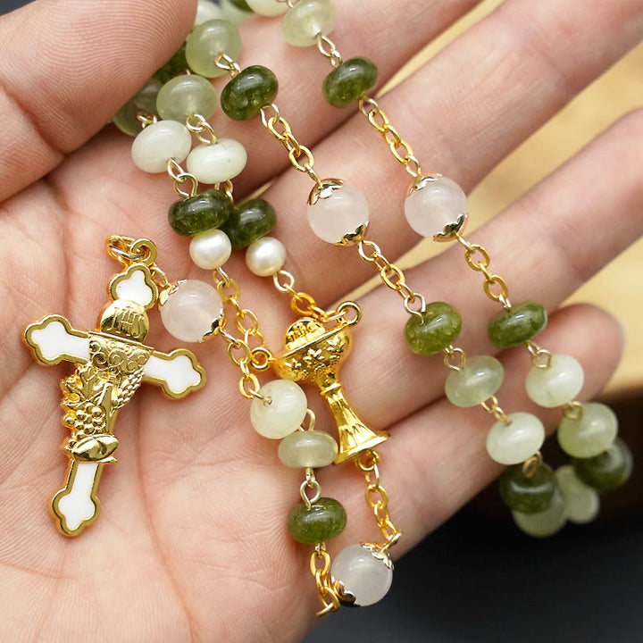 Christianartworkshop Holy Grail & Crucifix with Eucharistic of 5*8 mm Round Green Chalcedony Alloy Chain Rosary