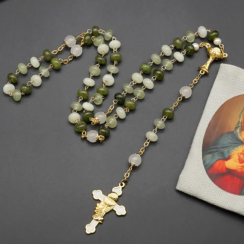 Christian Art Holy Grail & Crucifix with Eucharistic of 5*8 mm Round Green Chalcedony Alloy Chain Rosary