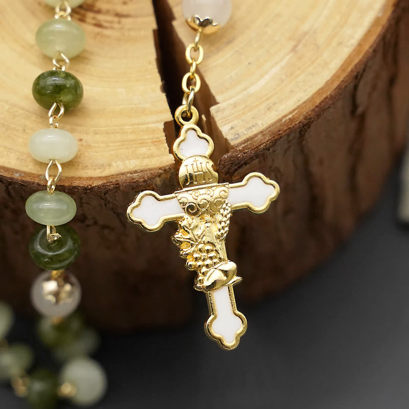 Christian Art Holy Grail & Crucifix with Eucharistic of 5*8 mm Round Green Chalcedony Alloy Chain Rosary