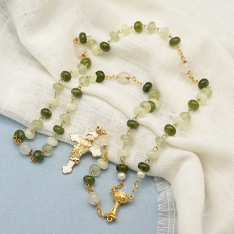 Christian Art Holy Grail & Crucifix with Eucharistic of 5*8 mm Round Green Chalcedony Alloy Chain Rosary