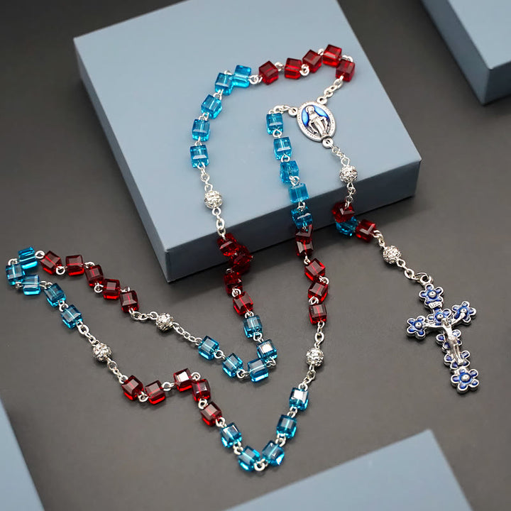 Christian Art Miraculous Medal & Crucifix of 6 mm Square Multicolor Crystal Alloy Chain Rosary