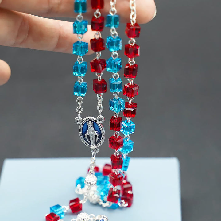 Christianartworkshop Miraculous Medal & Crucifix of 6 mm Square Multicolor Crystal Alloy Chain Rosary