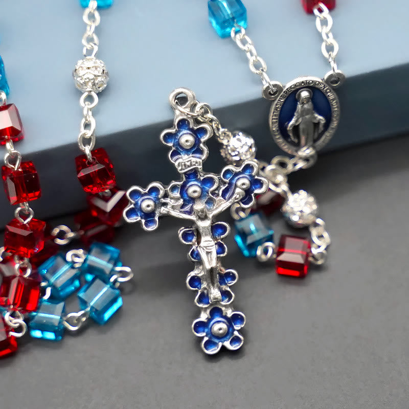 Christian Art Miraculous Medal & Crucifix of 6 mm Square Multicolor Crystal Alloy Chain Rosary