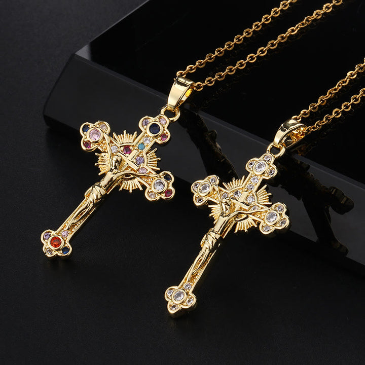 Christian Art Fresh Pastoral Style Crucifix with Biblical Colorful Gemstones Pendant Necklace