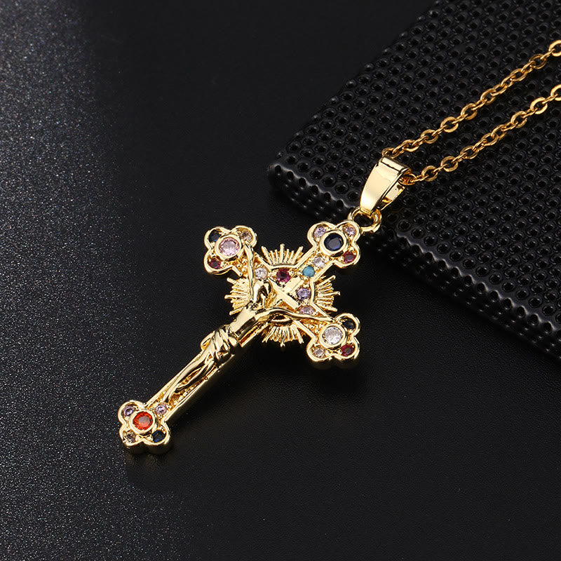 Christian Art Fresh Pastoral Style Crucifix with Biblical Colorful Gemstones Pendant Necklace