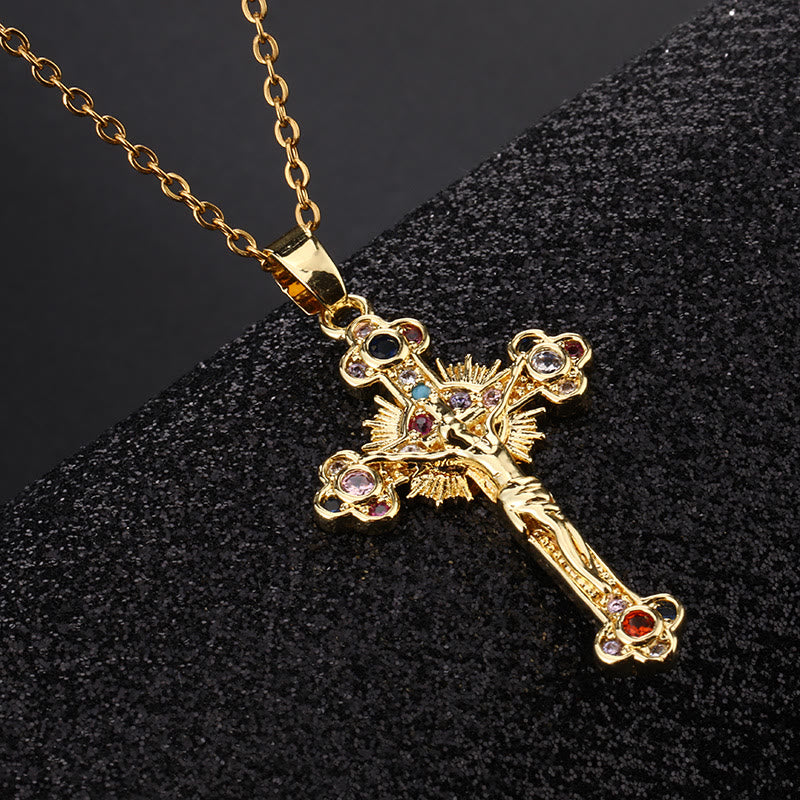 Christianartworkshop Fresh Pastoral Style Crucifix with Biblical Colorful Gemstones Pendant Necklace