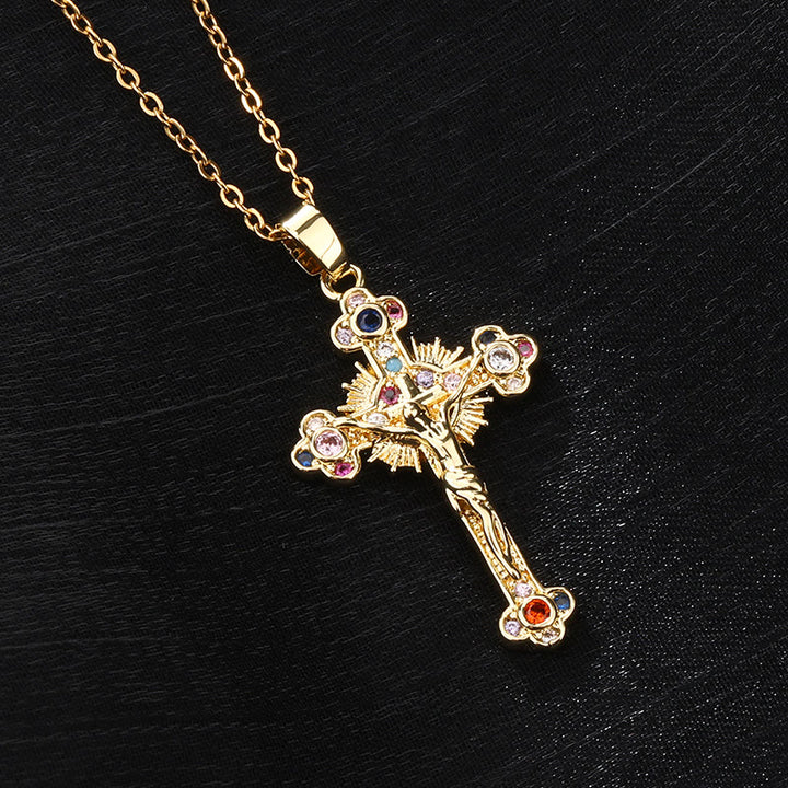 Christian Art Fresh Pastoral Style Crucifix with Biblical Colorful Gemstones Pendant Necklace