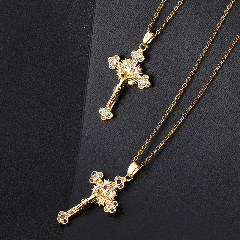 Christianartworkshop Fresh Pastoral Style Crucifix with Biblical Colorful Gemstones Pendant Necklace