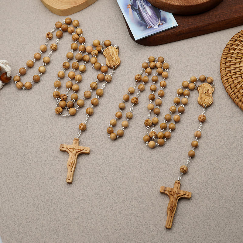 Christianartworkshop Madonna and Child & Crucifix of 8 mm Round Multicolor Olive Wood Alloy Chain Rosary - image 3