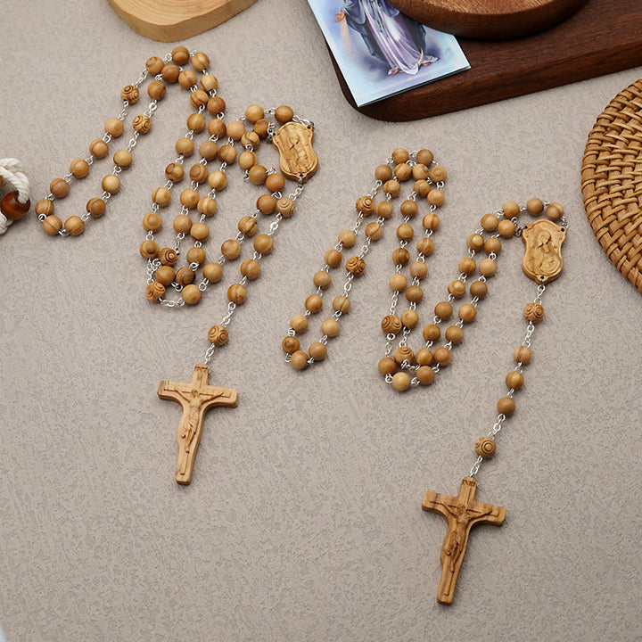 Christianartworkshop Madonna and Child & Crucifix of 8 mm Round Multicolor Olive Wood Alloy Chain Rosary - image 3