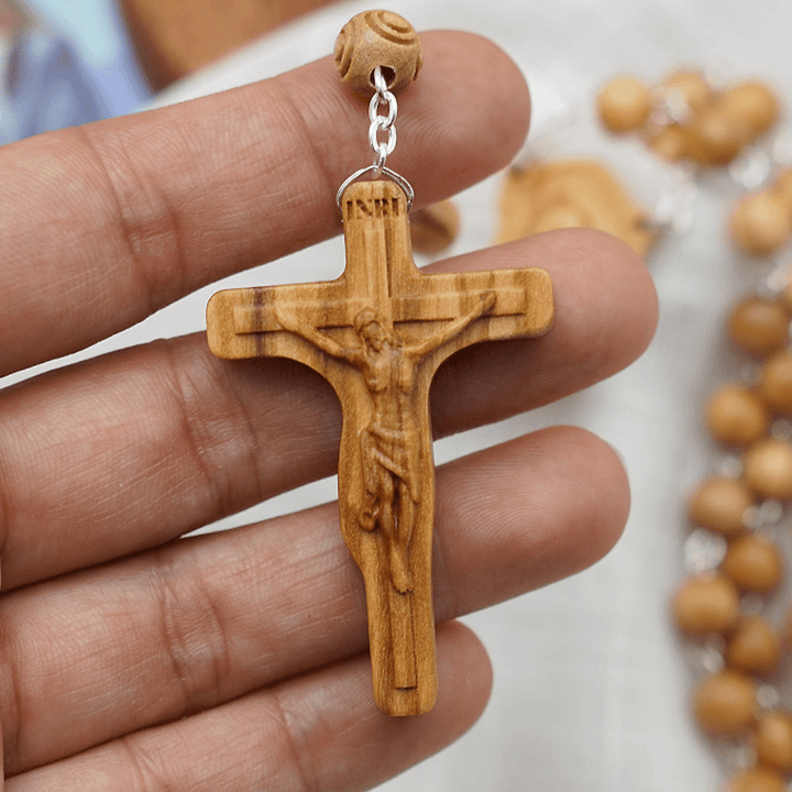 Christian Art Madonna and Child & Crucifix of 8 mm Round Multicolor Olive Wood Alloy Chain Rosary