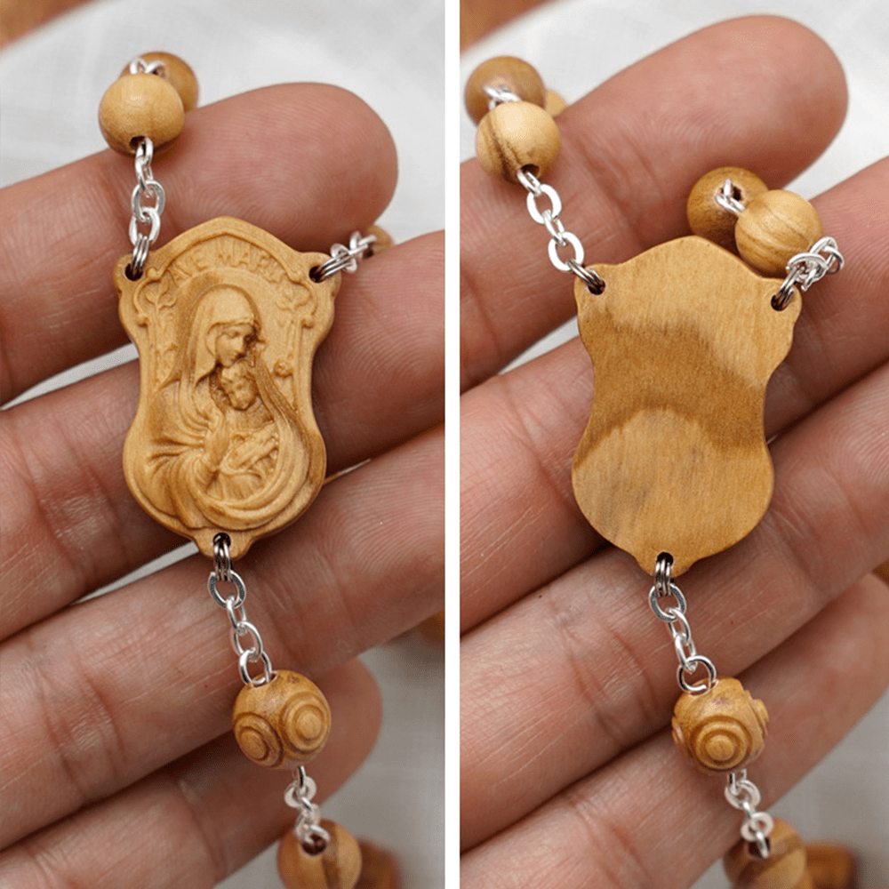 Christian Art Madonna and Child & Crucifix of 8 mm Round Multicolor Olive Wood Alloy Chain Rosary