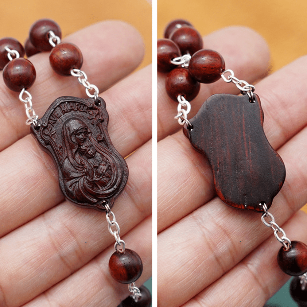 Christian Art Madonna and Child & Crucifix of 8 mm Round Multicolor Olive Wood Alloy Chain Rosary