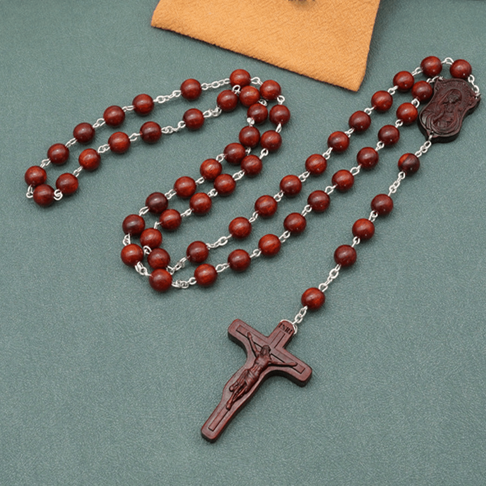 Christian Art Madonna and Child & Crucifix of 8 mm Round Multicolor Olive Wood Alloy Chain Rosary